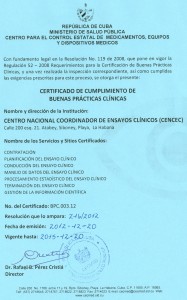 Certificado de Buenas Prácticas Clínicas otorgado por el CECMED