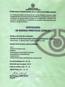 Certificado Buenas prácticas clínicas del Cimeq. Año 2009