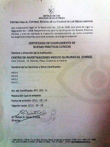 Certificado Buenas prácticas clínicas del Cimeq. Año 2011